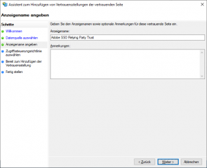 ADFS-Verwaltungskonsole - Assistent zum Hinzufügen von Vertrauensstellungen der vertrauenden Seite