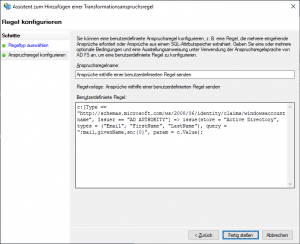 ADFS-Verwaltungskonsole - Assistent zum Hinzufügen einer Transformationsanspruchsregel
