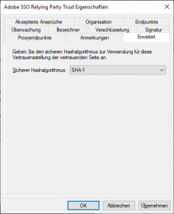Adobe SSO Relying Party Trust Eigenschaften SHA-1