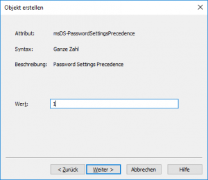 ADSI-Editor - Kennwortrichtlinie erstellen: msDS-PasswordSettingsPrecedence (Kennwortrichtlinienpriorität)