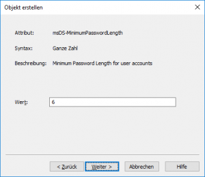 ADSI-Editor - Kennwortrichtlinie erstellen: msDS-MinimumPasswordLength (minimale Kennwortlänge)