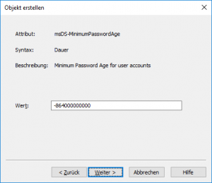 ADSI-Editor - Kennwortrichtlinie erstellen: msDS-MinimumPasswordAge (minimales Kennwortalter)