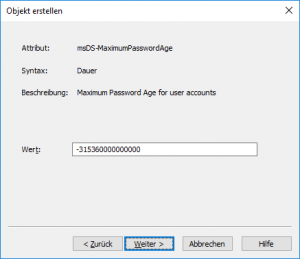 ADSI-Editor - Kennwortrichtlinie erstellen: msDS-MaximumPasswordAge (maximales Kennwortalter)