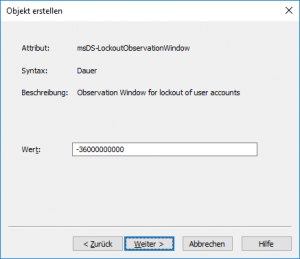 ADSI-Editor - Kennwortrichtlinie erstellen: msDS-LockoutObservationWindow (Zurücksetzungsdauer des Kontosperrungszählers)