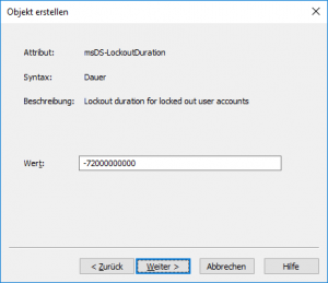 ADSI-Editor - Kennwortrichtlinie erstellen: msDS-LockoutDuration (Kontosperrdauer)