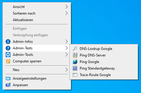 Admin-Kontextmenü: Admin-Tests Untermenü