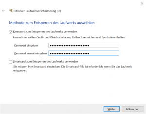 BitLocker: Methode zum Entsperren des Laufwerks auswählen