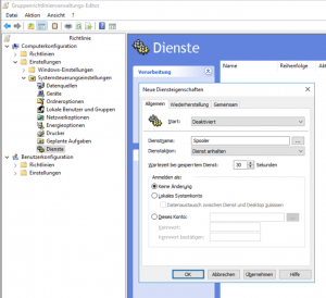 CVE-2021-34527 Workaround: Druckwarteschlange über Gruppenrichtlinie anhalten und deaktivieren