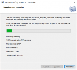 Microsoft Safety Scanner (MSERT): Scanvorgang läuft