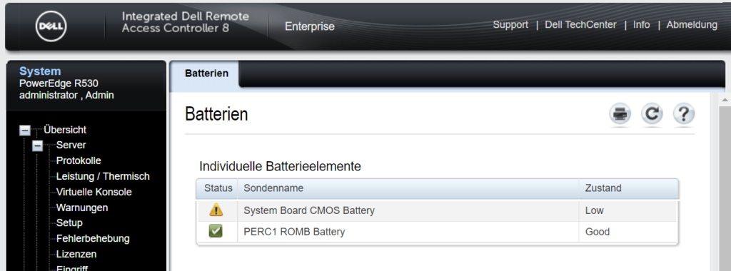 Dell PowerEdge R530 - Integrated Dell Remote Access Controller 8 (iDRAC) - Batterien - System Board CMOS Battery Low