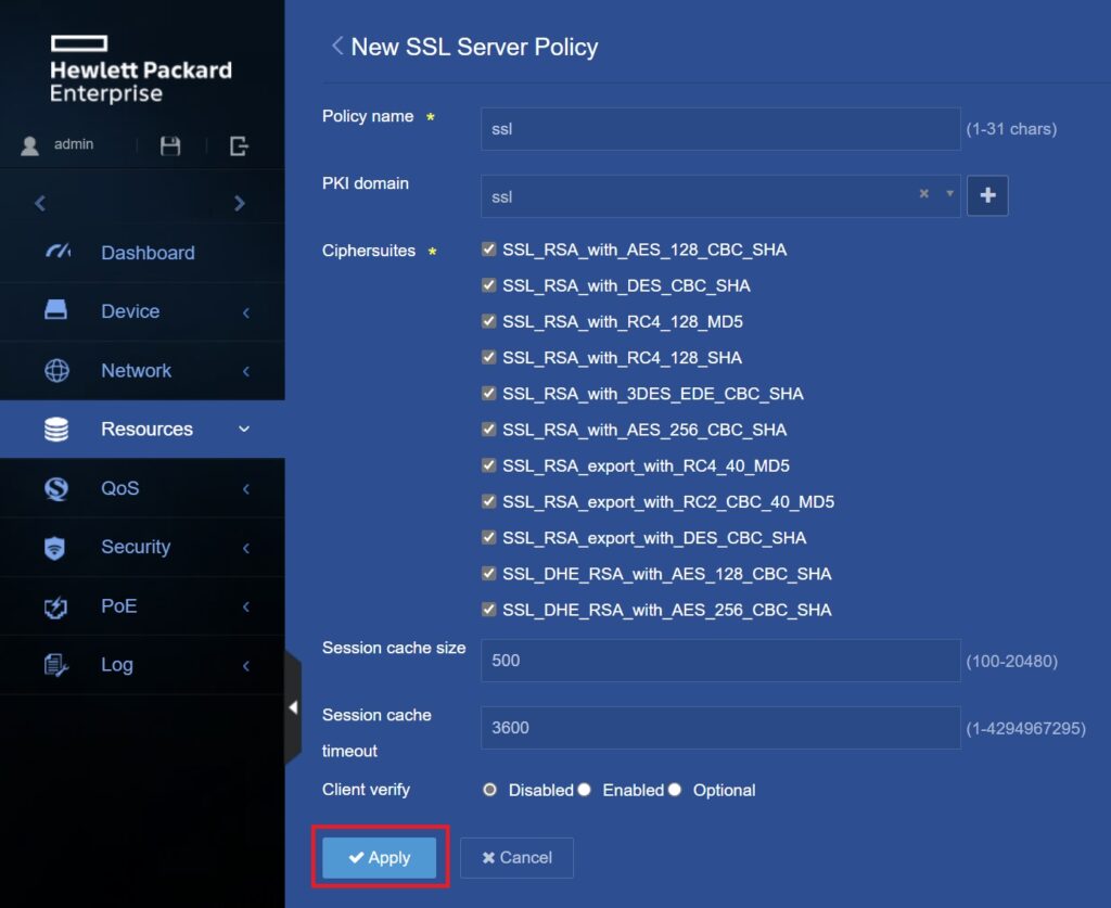 HPE OfficeConnect 1950: New SSL Server Policy - Apply