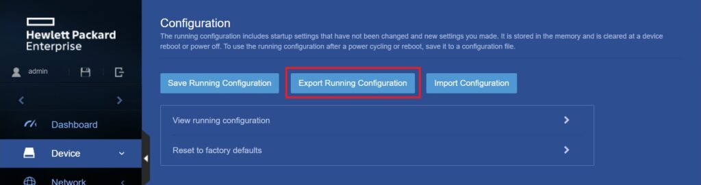 HPE OfficeConnect 1950: Configuration - Export Running Configuration