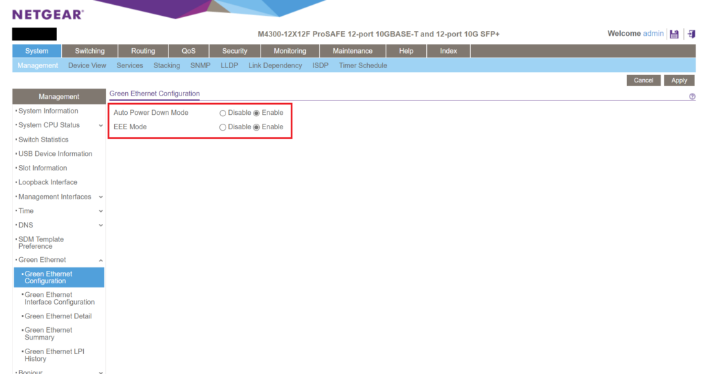 Netgear M4300 - Green Ethernet Configuration - Auto Power Down Mode, EEE Mode