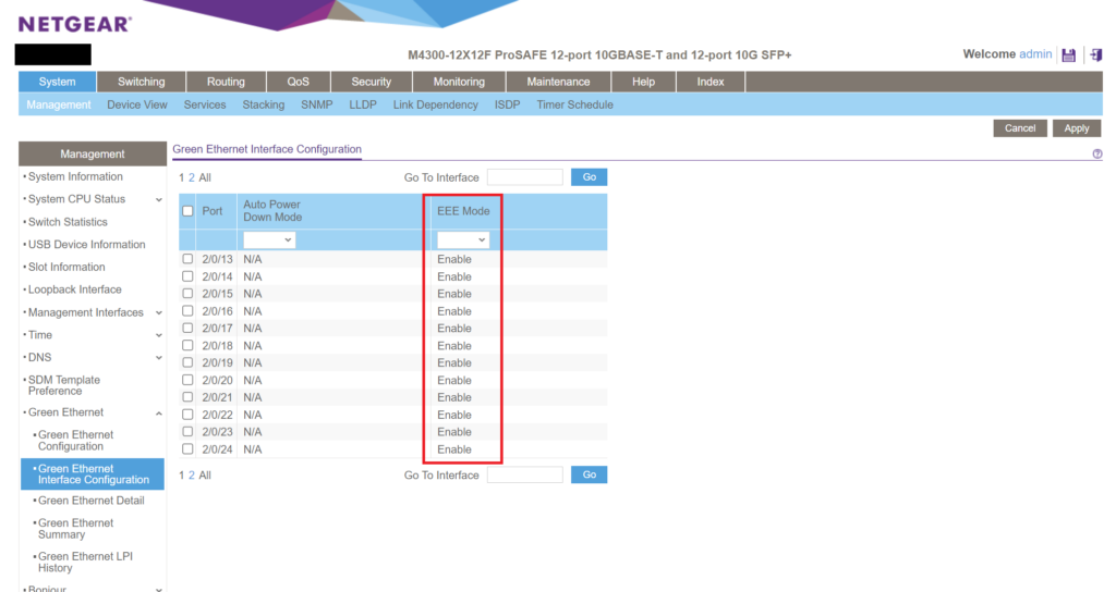 Netgear M4300 - Green Ethernet Interface Configuration - Auto Power Down Mode, EEE Mode