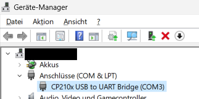 WIndows Geräte-Manager - CP210x USB to UART Bridge (COM3)