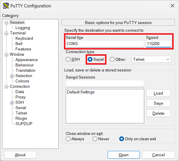 Putty - Serial - COM3 - Speed 115200