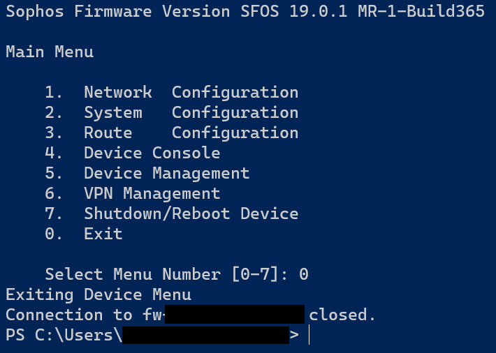 Sophos Main Menu: 0. Exit