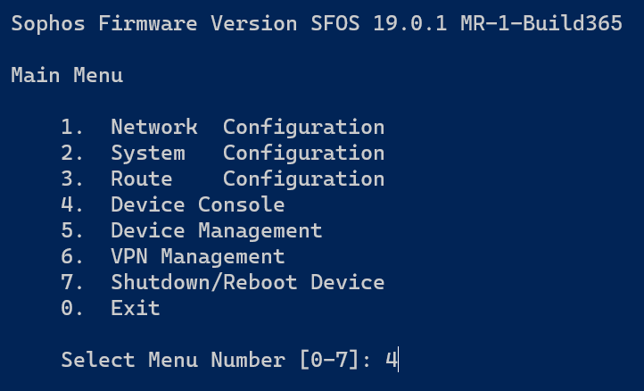 Sophos Main Menu über SSH: Device Console öffnen