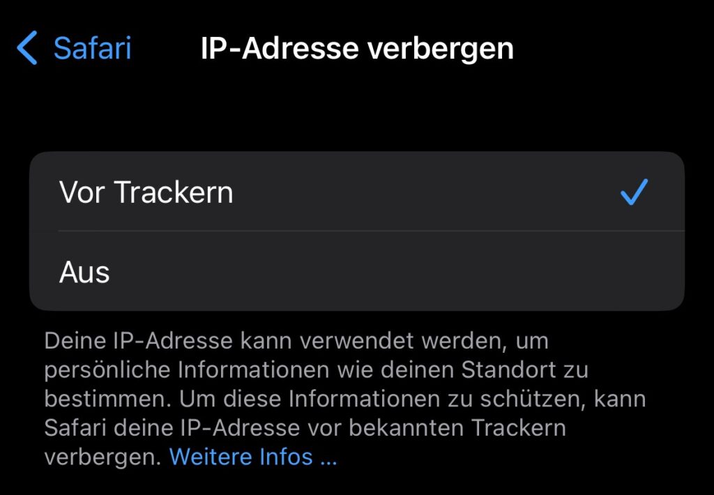 Apple iCloud Private-Relay: Einstellungen - Safari - IP-Adresse verbergen