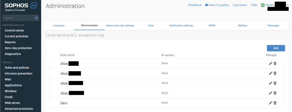 Sophos Firewall XGS - Administration - Device Access - Local service ACL exception rule