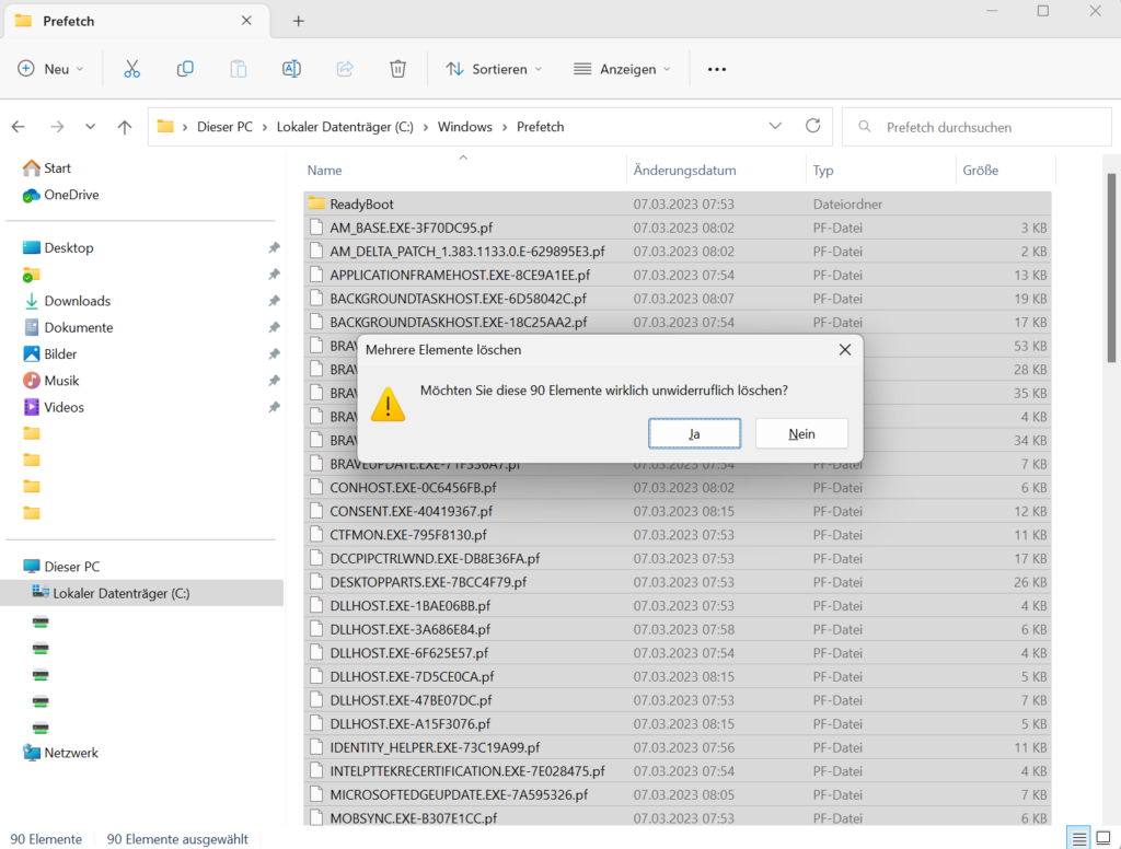 Alle Elemente in C:\Windows\Prefetch löschen